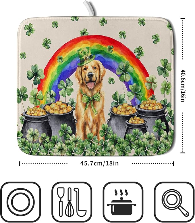 St Patricks Day Drying Mat Samll Lucky Clovers Green Kitchen Decor Counter Mats for Dog Lover - Image 2
