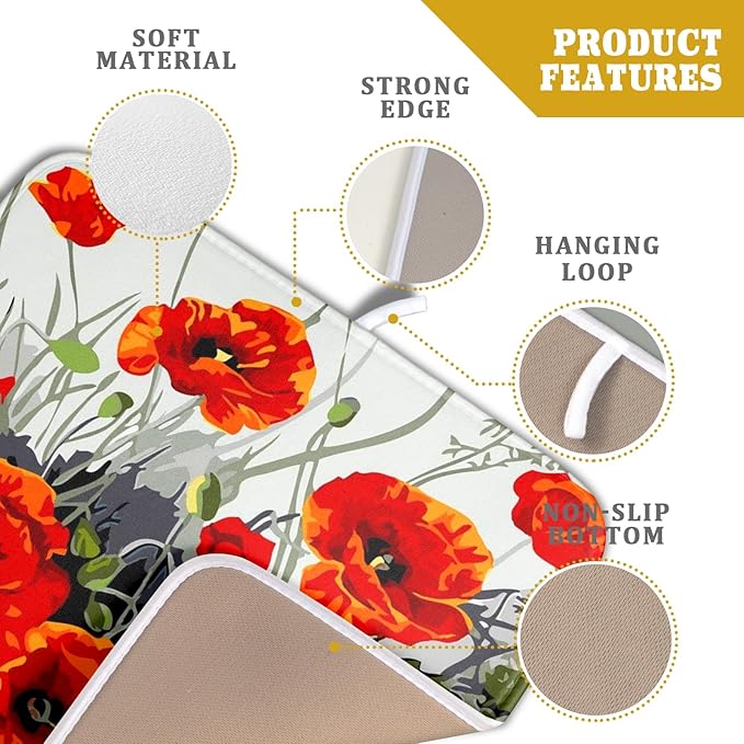 Giwawa Poppy Dish Drying Mat 16x18 inch for Kitchen Vintage Red Orange Floral Dish Drying Pad Oil Painting Flower Dish Drainer Mats Absorbent Microfiber Protector for Countertop Coffee Bar