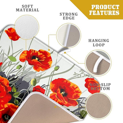 Giwawa Poppy Dish Drying Mat 16x18 inch for Kitchen Vintage Red Orange Floral Dish Drying Pad Oil Painting Flower Dish Drainer Mats Absorbent Microfiber Protector for Countertop Coffee Bar