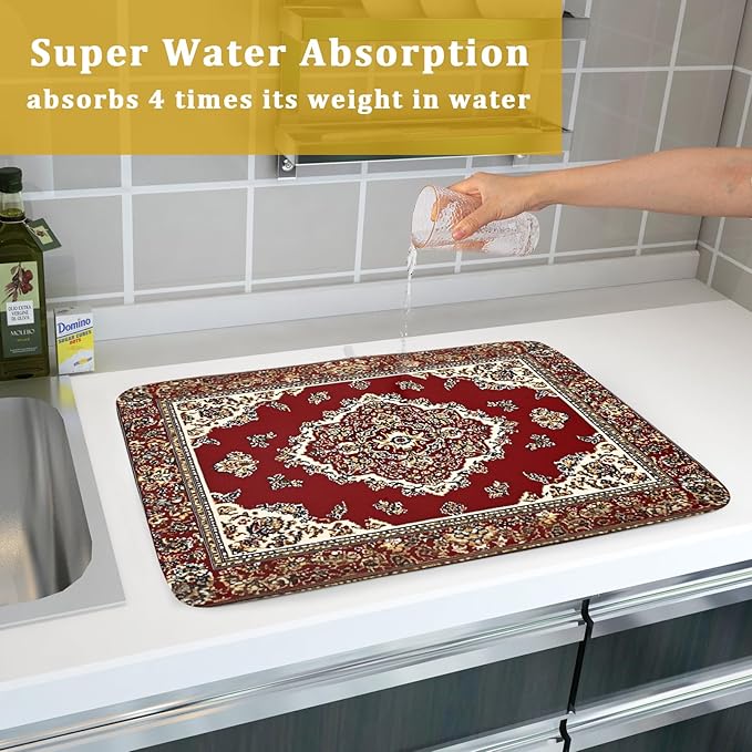 Giwawa Vintage Boho Dish Drying Mat Antique Tribal Rustic Red Floral Dish Drainer Mats 18"x24" Ethnic Carpet Microfiber Reversible Dish Drying Rack Pad Protector for Kitchen Countertop Decor