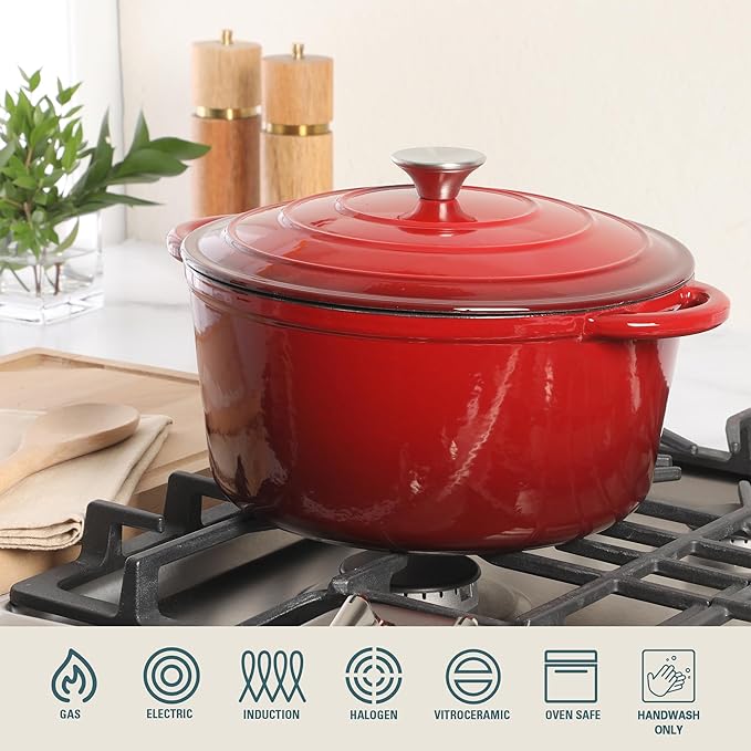 Gibson Home Addlestone 7 Qt Enameled Cast Iron Dutch Oven Pot with Lid – Round, Oven Safe to 500°F, Ideal for Bread Baking & Stews - Gradient Red - Image 4