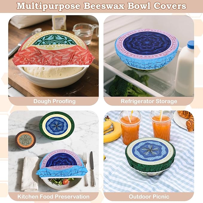 5-Size Reusable Beeswax Bowl Covers for Bread Proofing, Cotton Cloth Flexible Beeswax Wraps for Food Storage(Colorful Concentric Circle) - Image 5