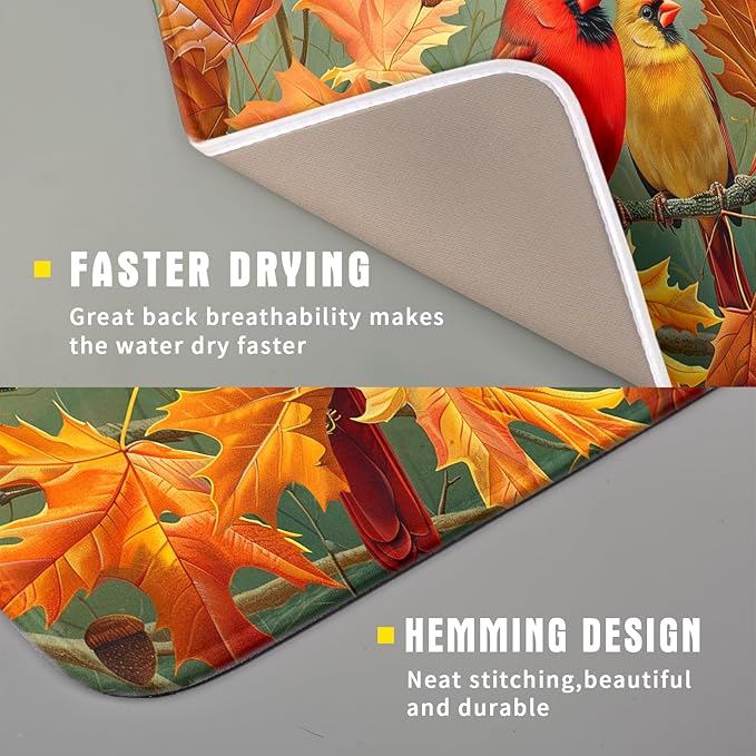 Giwawa Fall Birds Dish Drying Mat 16x18 Inch Autumn Maple Leaf Tree Dish Drainer Mats Thanksgiving Decorative Microfiber Reversible Dish Drying Rack Pad Small for Kitchen Countertop Tabletop