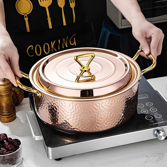 YJX 6.7QT Hammered Stock Pot with Lid, Copper Rose Gold, Tri-Ply Stainless Steel, Multi-Functional Cookware for Bake Roast Braise Saute, Magnetic Base, Dishwasher and Oven Safe (30CM)