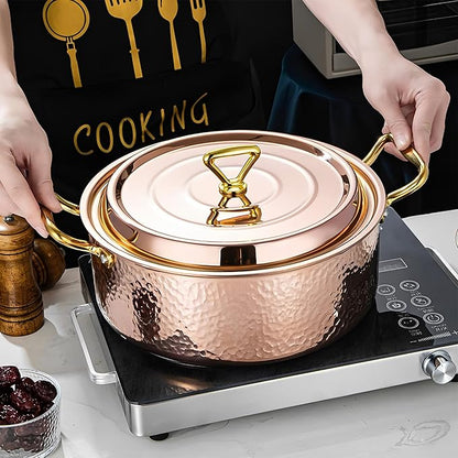 YJX 6.7QT Hammered Stock Pot with Lid, Copper Rose Gold, Tri-Ply Stainless Steel, Multi-Functional Cookware for Bake Roast Braise Saute, Magnetic Base, Dishwasher and Oven Safe (30CM)