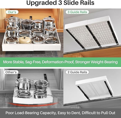2 Pack Pull out Cabinet Organizer, Expandable Width(14"-24"), Depth(13"-24") with 3 Rails, Slide Out Drawers With Raising Pad for Framed Cabinets, with Adhesive Film for Cabinets in Kitchen, White - Image 6