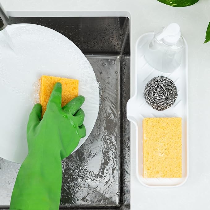 Zulay Kitchen Large Silicone Sponge Holder (12x4) – Flexible Sink Organizer Tray for Kitchen & Bathroom – Multipurpose Soap Dish for Sponges, Makeup, Trinkets & More (White) - Image 3