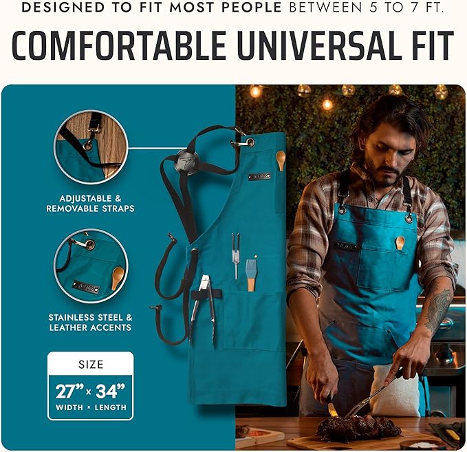 Asaya Chef and BBQ Apron with Bottle Opener and Hand Towel - 10oz Cotton Canvas, Stainless Steel Hardware - Cross Back Straps - Image 5