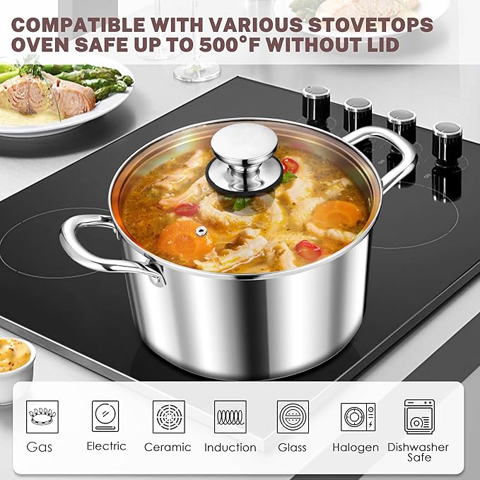 Herogo 6 Quart Stock Pot, 18/10 Stainless Steel Pasta Stockpot with Lid, 6 QT Cooking Pot with Handles, Tri-Ply Stockpot for Induction Gas Electric Stove, Dishwasher Safe