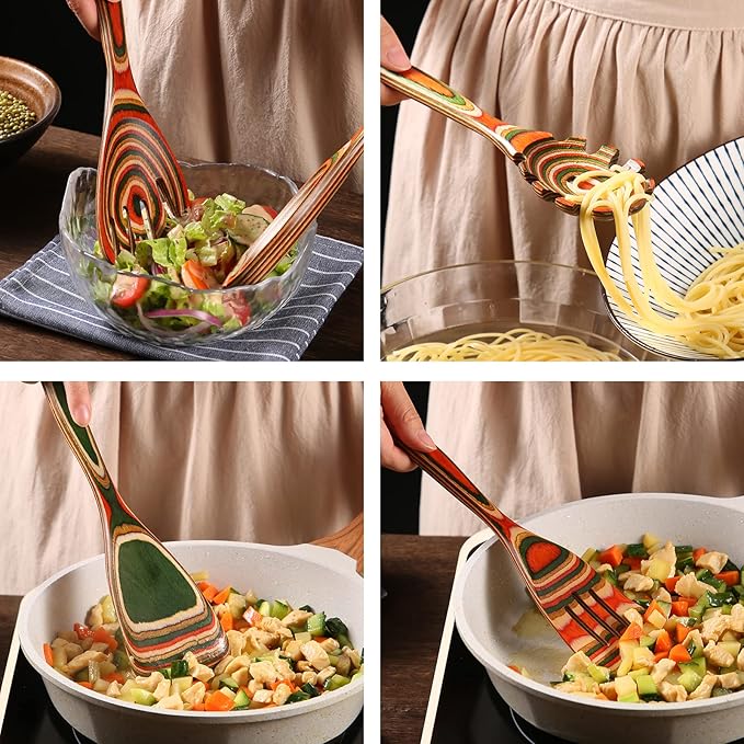 7Pcs Pakkawood Kitchen Utensils Set for Cooking, Wooden Spoons for Cooking, Safe Eco-Friendly, Non-Stick, Wooden Utensil for Cooking,Wooden Cookware Set, Housewarming Kitchen Gifts, Colorful