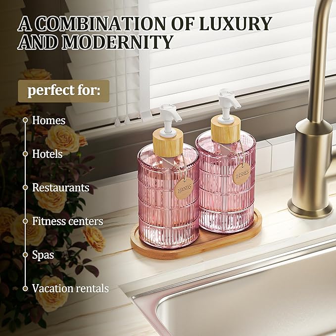 MASADI Soap Dispenser Set with Bamboo Tray, Dish and Hand Soap Lotion Dispenser Set with Wooden Pump for Kitchen and Bathroom Decor for Counter, Modern Vintage Liquid Soap Dispensers (Pink&Bamboo) - Image 3
