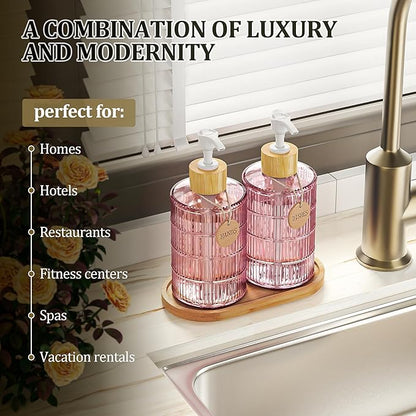 MASADI Soap Dispenser Set with Bamboo Tray, Dish and Hand Soap Lotion Dispenser Set with Wooden Pump for Kitchen and Bathroom Decor for Counter, Modern Vintage Liquid Soap Dispensers (Pink&Bamboo) - Image 3