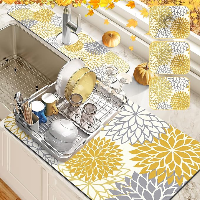 Findosom 2PCS 16" x 24" Fall Dish Drying Mat & 24" x 5.5" Sink Splash Guard, Super Absorbent & Cuttable Dish Mat Drying Kitchen Mat with Yellow Floral, Hide Stain Drying Mat for Kitchen Counter by Findosom