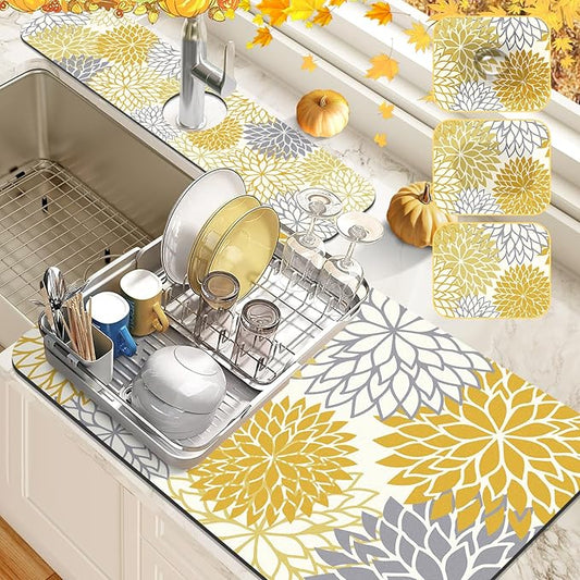 Findosom 2PCS 16" x 24" Fall Dish Drying Mat & 24" x 5.5" Sink Splash Guard, Super Absorbent & Cuttable Dish Mat Drying Kitchen Mat with Yellow Floral, Hide Stain Drying Mat for Kitchen Counter by Findosom