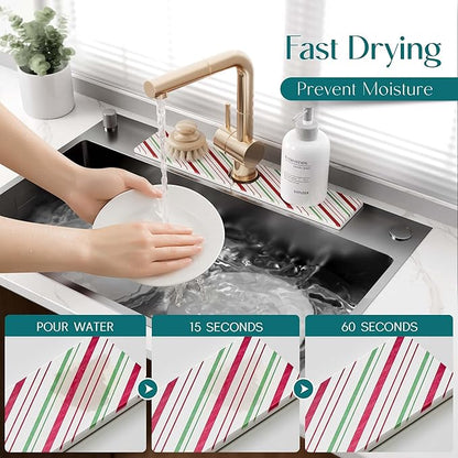 Stone Faucet Mat for Kitchen Sink, Diatomite Drying Stone Mat for Kitchen Counter, Prevent Moisture – Sink Splash Guard for Holiday Gift Home Decor (Red/Green, 20''x3.9'')