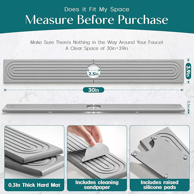 eormoe 30 inch Kitchen Faucet Absorbent Mat - Diatomaceous Earth Splash Guard for Sink Faucet, Aesthetic Water Absorbing Stone Tray in The Modern Home(Grey, 30" x 3.9") - Image 2