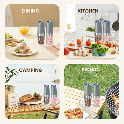 Gravity Electric Salt And Pepper Grinder Set, Automatic Salt And Pepper Grinder Set, Battery Powered (6 AAA Batteries Each), Adjustable Roughness, LED Light, 2 Pack, (Light Grey) - Image 7