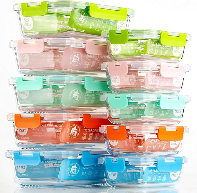 C CREST [10-Pack Glass Food Storage Containers (A Set of Five Colors), Meal Prep Containers with Lids for Kitchen, Home Use - Airtight Glass Lunch Boxes - Image 6