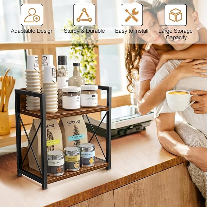 Giikin Kitchen Countertop Organizer, 2 Tier Spice Rack Organizer for Pantry, Kitchen Counter Shelf Wood Coffee Station Organizer (Brown, M) - Image 3