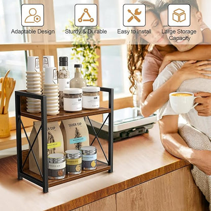 Giikin Kitchen Countertop Organizer, 2 Tier Spice Rack Organizer for Pantry, Kitchen Counter Shelf Wood Coffee Station Organizer (Brown, M) - Image 3