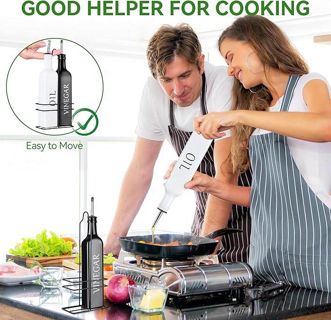 Vakoo Oil and Vinegar Dispenser Set - 17oz/500ml, Extra Thick Glass, Leak-Proof, Olive Oil Dispenser Bottle for Kitchen (White Black) - Image 7