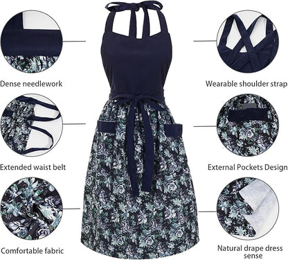 Cute Floral Aprons for Women with Pockets,Cotton Adjustable Neck Strap Apron for Kitchen Cooking Baking Gardening