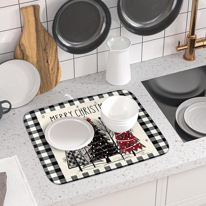 Merry Christmas Tree Dish Drying Mat for Kitchen Counter 16x18 Inch Black Red Grey Xmas Plaid Print Absorbent Reversible Microfiber Drying Mats Kitchen Countertop Protector Dishes Drainer Rack Pad - Image 6
