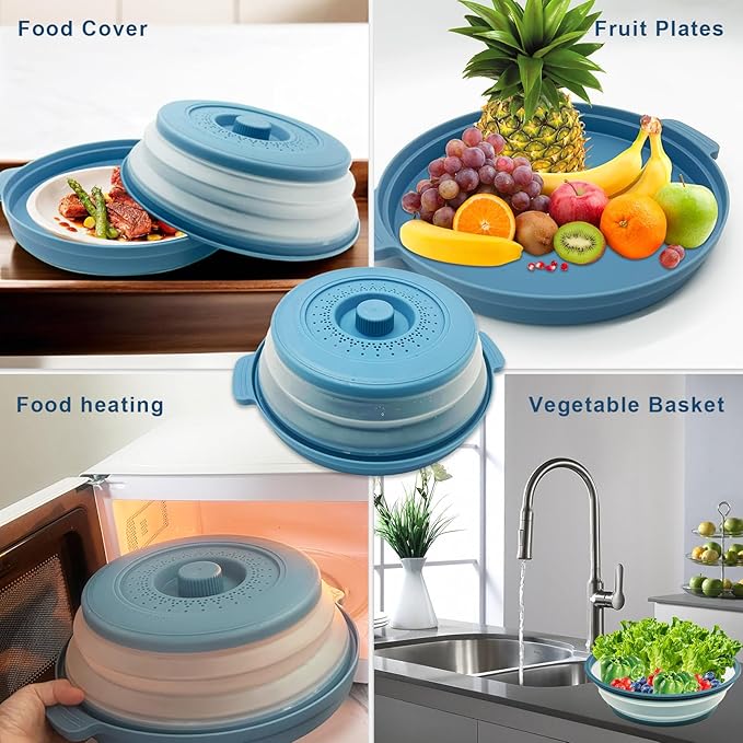 Microwave Splatter Cover 10.2 Inch with Handles, Collapsible Vented Silicone Lid & Anti-Scald Tray, BPA-Free Splash Guard for Food Heating, Fits Most Compact Microwaves