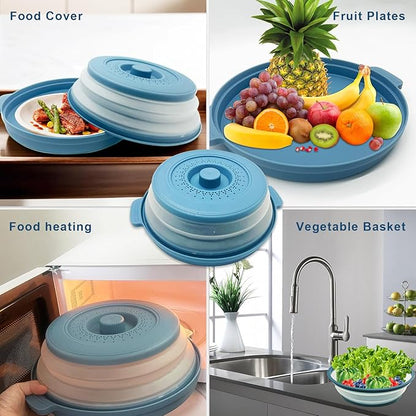 Microwave Splatter Cover 10.2 Inch with Handles, Collapsible Vented Silicone Lid & Anti-Scald Tray, BPA-Free Splash Guard for Food Heating, Fits Most Compact Microwaves
