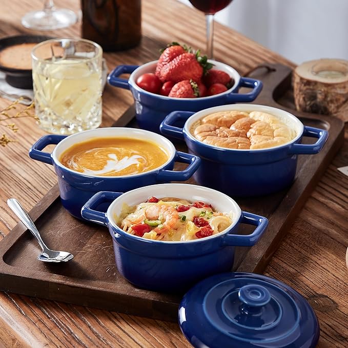 Lareina Mini Cocotte - 12oz Ceramic Casserole Dishes - Kitchen Casserole Sets With Handles And Lid - Small Baking Ramekins - Oven, Microwave & Dishwasher Safe - Set of 4 - Blue - Image 8
