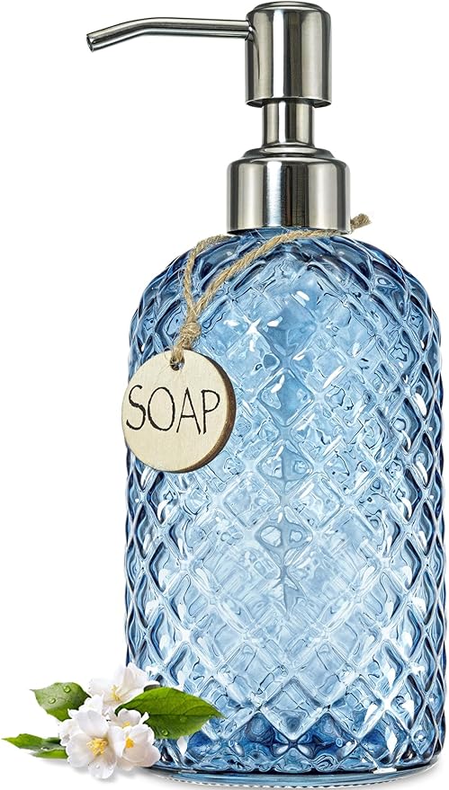 JASAI 18Oz Gem Patterned Glass Soap Dispenser for Kitchen and Bathroom, Refillable with Rust Proof Stainless Steel Pump (Blue) by JASAIHOME
