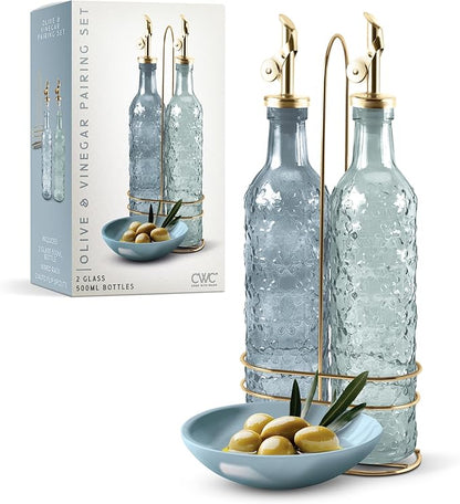 COOK WITH COLOR Glass Olive Oil Bottle Dispenser - 2 Pack- 17oz Oil and Vinegar Cruet - Olive Oil Carafe Decanter for Kitchen, Floral, Blue by CookwithColor