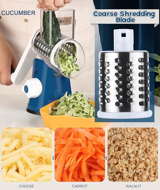 Ourokhome Rotary Cheese Grater Hand Crank, Kitchen Shredder Speed Mandolin Slicer Nut Grinder with Handle and Drum Blades for Cheese, Vegetable, Walnut, Chocolate, Potato, Carrot, 3 Blades, Dark Blue - Image 4