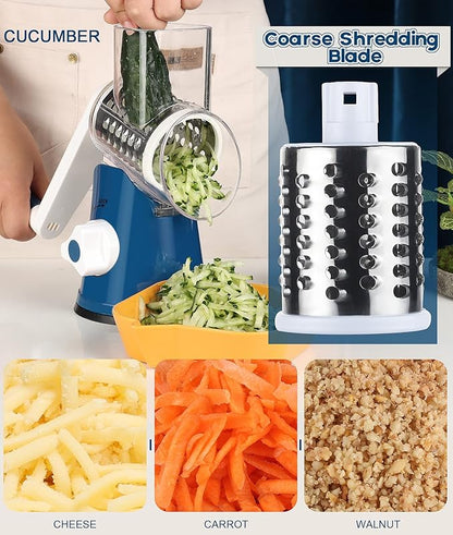 Ourokhome Rotary Cheese Grater Hand Crank, Kitchen Shredder Speed Mandolin Slicer Nut Grinder with Handle and Drum Blades for Cheese, Vegetable, Walnut, Chocolate, Potato, Carrot, 3 Blades, Dark Blue - Image 4