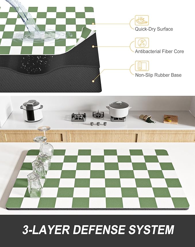 Rnivvi Dish Drying Mat for Kitchen Counter, XL 15 x 24" Cute Checkered Absorbent Draining Pad, Non-Slip Heat Resistant Coffee Bar Mat for Coffee Machine Station Accessories, Green White Dish Rack Pad - Image 4