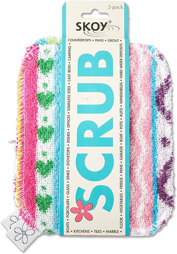 Skoy Scrub, 2-pack Reusable, Non-Scratching Dish Scrubber for Kitchen and Household Cleaning, Planet-Friendly, Dishwasher Safe Soft Scrub, Assorted Colors and Designs by Skoy