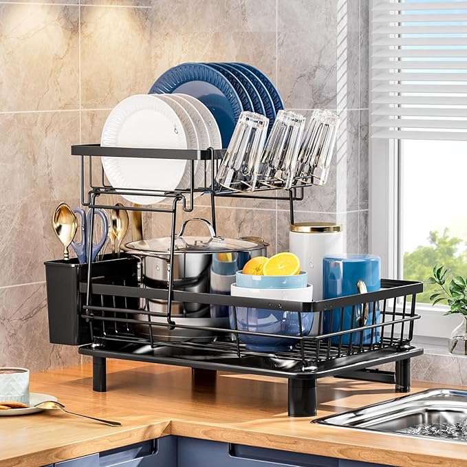 GAOKASE Dish Drying Rack, Stainless Steel-Dish Rack, Dish Racks for Kitchen Counter, Kitchen Dish Drainers with Removable Utensil Holder,New Drain Outlet,Plate Rack and Drainboard (Black 3) by GAOKASE