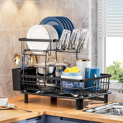 GAOKASE Dish Drying Rack, Stainless Steel-Dish Rack, Dish Racks for Kitchen Counter, Kitchen Dish Drainers with Removable Utensil Holder,New Drain Outlet,Plate Rack and Drainboard (Black 3) by GAOKASE