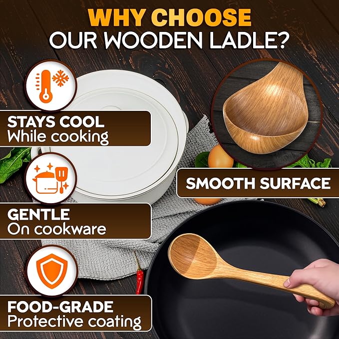 Wooden Ladle for Soup – 10.8×2.8" Deep Wood Ladle with 2.7 fl oz Capacity, Long Handle Hook-End & Lacquer Coating for Comfortable Grip – Easy-Clean Wooden Soup Spoon for Sauces, Stews & Kitchen Use