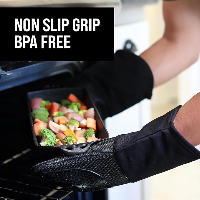 BPA-Free Silicone Oven Mitts Ultra Heat Resistant up to 500°F - Oven Mitts with Thick Cotton Liner - Long Slip Resistant Pot Holders, Flexible Oven Gloves - Black 13.7" - Image 6