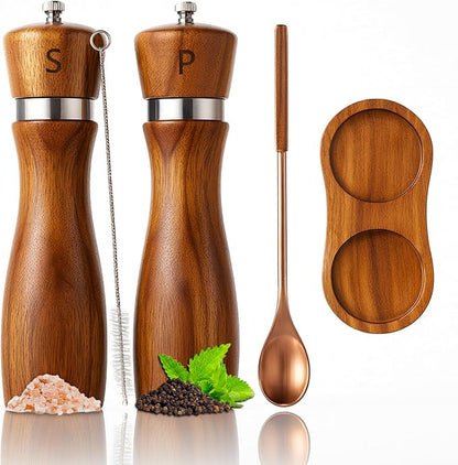 Premium Acacia Wood Salt & Pepper Grinder Set, 8-Inch Manual Mills with Adjustable Coarseness, Ceramic Core, Matching Tray, Spoon & Cleaning Brush – 2 Pack by GooHeraInc