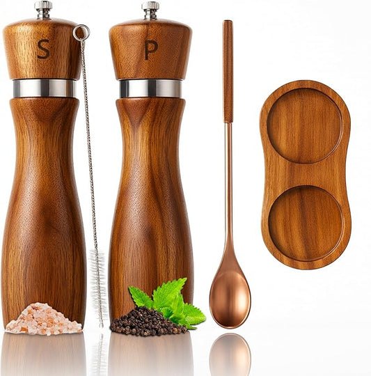 Premium Acacia Wood Salt & Pepper Grinder Set, 8-Inch Manual Mills with Adjustable Coarseness, Ceramic Core, Matching Tray, Spoon & Cleaning Brush – 2 Pack by GooHeraInc