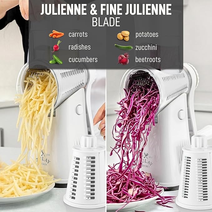 Zulay Kitchen Rotary Cheese Grater 5 Blade Cheese Shredder - Manual Hand Crank Cheese Grater With Reinforced Suction & 5 Interchangeable Drums - Easy to Use, Vegetable Chopper Round Mandoline Slicer - Image 6