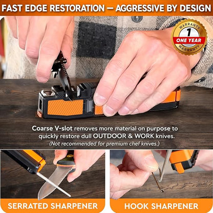Orange Ninja Pocket Field Knife Sharpener – 8-in-1 Camping & Hunting EDC Knife Sharpener with Guided Diamond Whetstones, Leather Strop, Fire Starter & Diamond Rod