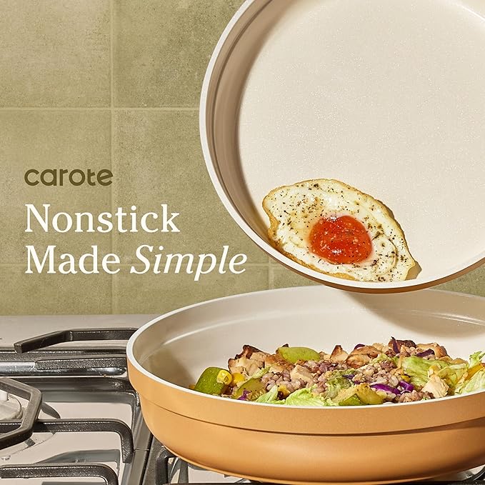 Carote 20pcs Ceramic Cookware Set with Detachable Handles, Pots and Pans Set Non Stick, RV Kitchen Cooking Pot and Pan, Dishwasher Safe, Non-toxic Induction Cookware PFAS and PFOA Free,Orange - Image 3