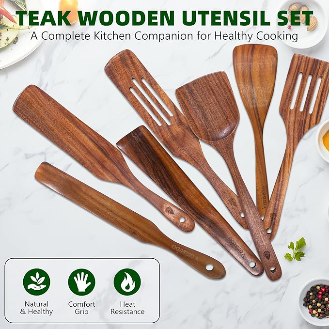 7 PCS Wooden Spatula for Cooking, Natural Teak Wooden Utensil Set, Non-Toxic Wood Cooking Utensil, Handmade Comfort Grip Wood Spoons for Nonstick Cookware - Image 6