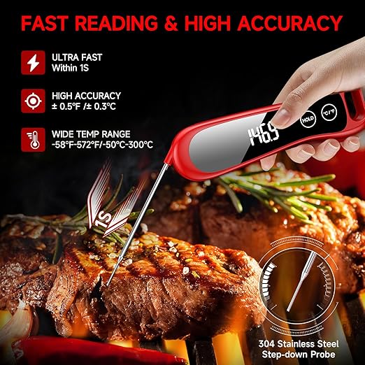 2026 Upgraded Meat Thermometer Digital-Instant Read Food Thermometer with Large LED Display, IP67 Waterproof Kitchen Thermometer with Compact Foldable Design for Cooking, Candy, Kitchen, BBQ - Image 2