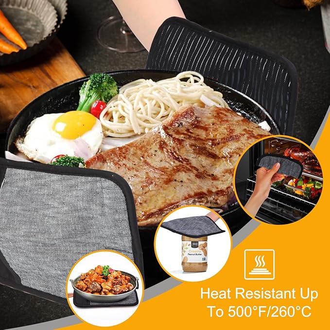4PCS TIPTAP Oven Mitts, Kitchen Oven Mitts Set, Non Slip Cotton Oven Mitt and Pot Holders,Heat Resistant, Machine Washable,2 Long Mit and 2 Pot Holder(Black) - Image 3