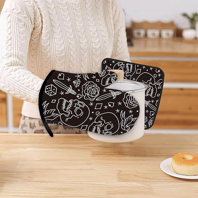 Skull Head with Rose Oven Mitts and Pot Holders Kitchen Cooking Gloves 2 Pcs Set Heat Resistant Pad for Baking BBQ Home Decor