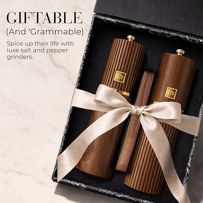 Wooden Salt and Pepper Grinder Set – Refillable Manual Salt and Pepper Mills with Adjustable Ceramic Burrs, Gold Detailing, and Wood Stand – Dark Wood - Image 8